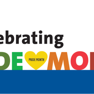 An image reading "Celebrating Pride Month" with the Duke Pride logo in the upper right corner