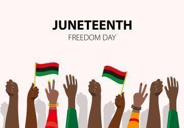 A picture of hands celebrating and waving Juneteenth flags with the text "Juneteenth Freedom Day" above them
