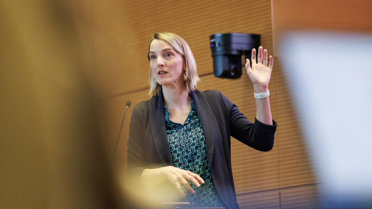 Mary B. Rice MD, MPH, from the Harvard T.H. Chan School of Public Health delivers the keynote address at the 2026 Climate and Health “Big Idea” Symposium. All photos by Eamon Queeney / Duke University School of Medicine