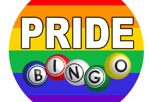 A graphic reading "Pride Bingo" in front of a rainbow-colored circle