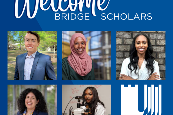 Welcome image for the DPHS BRIDGE Scholars Program showing the faces of the five incoming mentorees: Logan Bailey, Sahar Shibeika, Daekiara Smith-Ireland, Andrea Thoumi, and Alexandria Woods