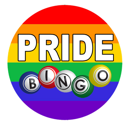 A graphic reading "Pride Bingo" in front of a rainbow-colored circle