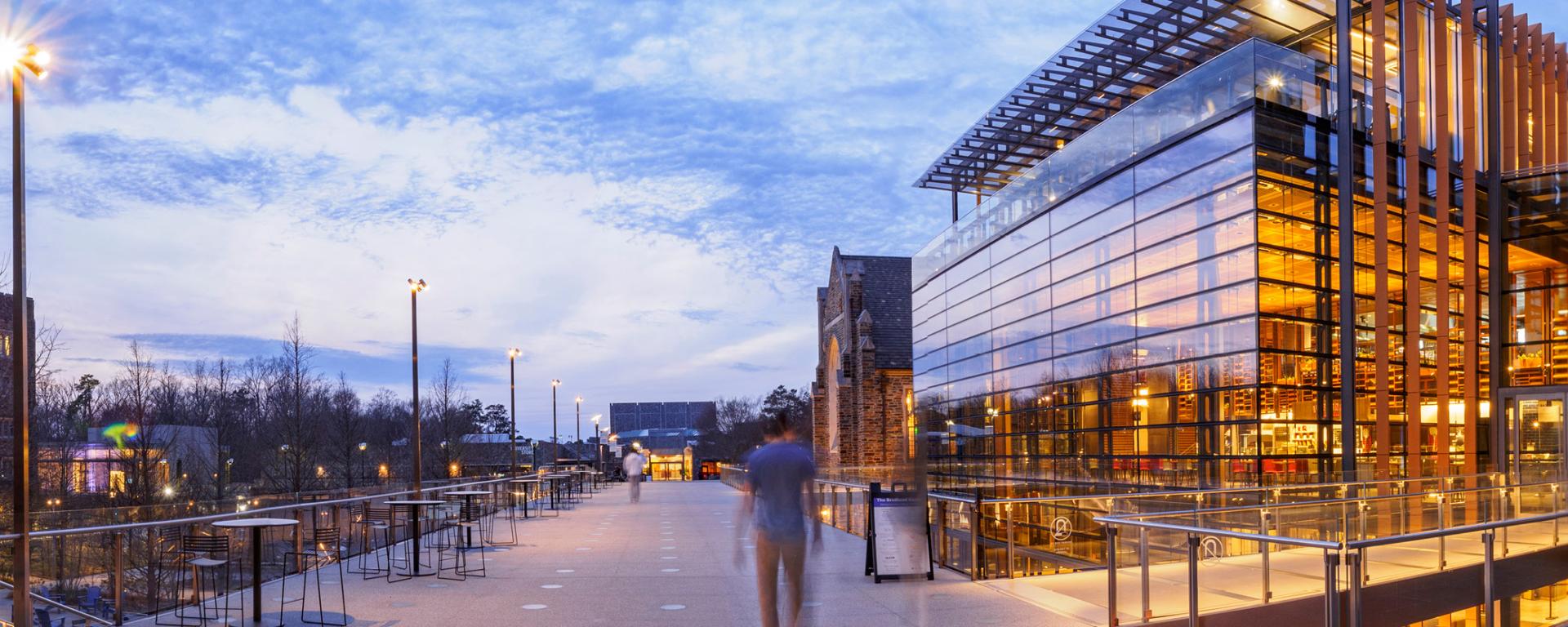 Student walking on Duke West Campus