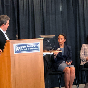 An image of, from left to right, Adrian Hernandez, Lisa McElroy, and Kimberly Johnson at the Dean's Distinguished Research Series