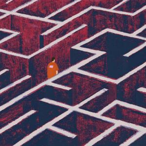 Artistic representation of a prisoner wandering through a maze