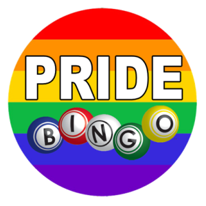 A graphic reading "Pride Bingo" in front of a rainbow-colored circle