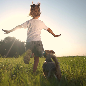 Child and dog running in sunlit field